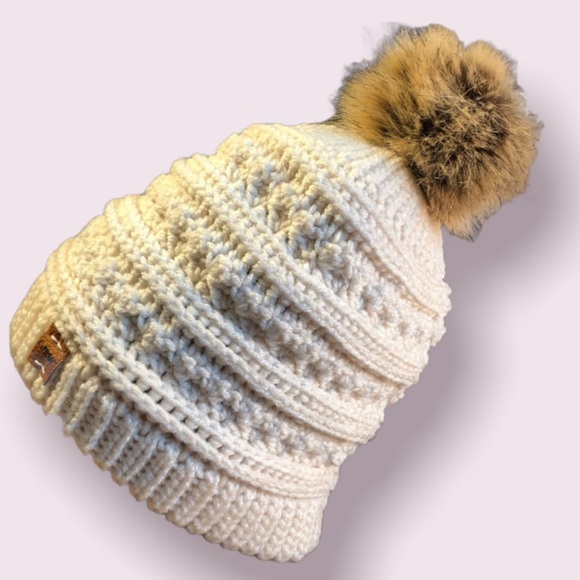 Beige Slouchy Beanie Loose Fit Winter Hat w/ Faux Fur PomPom - Picture 2 of 7